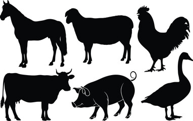 Collection of farm animal silhouettes including horse sheep rooster cow pig and goose
