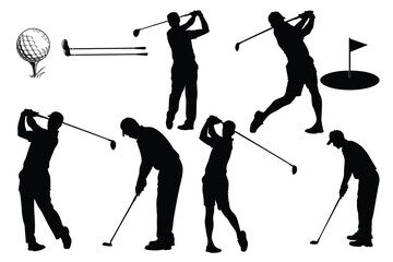 Collection of golfers in various poses during a game silhouette