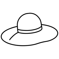 Minimalist line art drawing of a sun hat with a wide brim isolated on white background