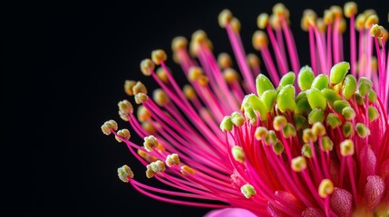 Close-up view of a vibrant pink flower with intricate details in a dark background highlighting its beauty and structure