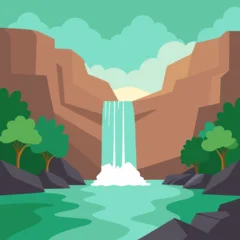 Fototapete Rund Dry Nur waterfall surrounded by rugged rocks and green forest vector landscape background. © TahrinAkther