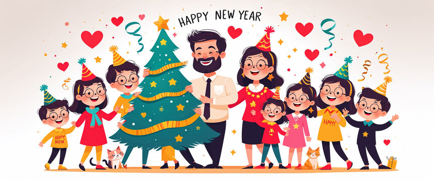 Happy new year celebration with family holding christmas tree and wearing party hats