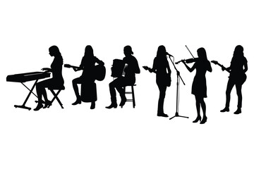 Diverse musical ensemble performing together in a striking black silhouette
