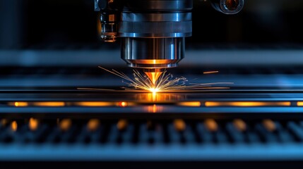 Laser cutting machine in action.  Sparks fly from metal sheet