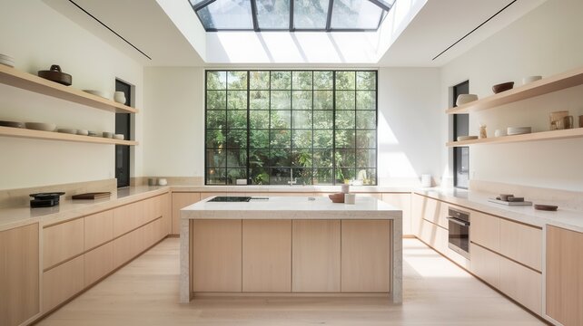Fototapeta Sunlit modern kitchen with island and garden views exudes tranquility and beauty