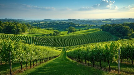 Fototapeta premium Lush vineyard rows stretch across rolling hills under a vibrant sky