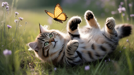 Obraz premium A cute tabby cat lying on its back in a grassy field, looking up playfully at a hovering butterfly.