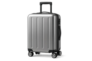 Gray rolling luggage standing on clean white backdrop, representing contemporary travel gear with sleek minimalist design