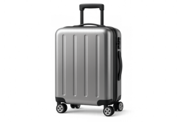 Gray rolling luggage standing on clean white backdrop, representing contemporary travel gear with sleek minimalist design