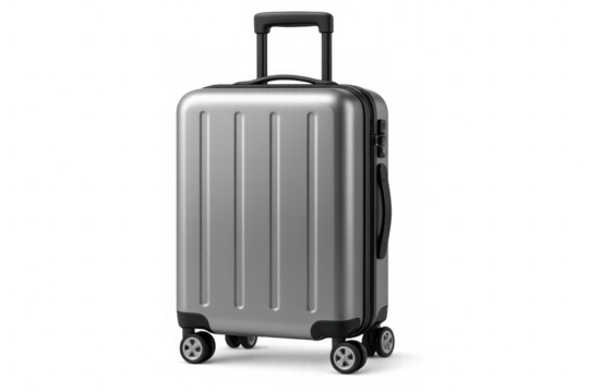 Gray rolling luggage standing on clean white backdrop, representing contemporary travel gear with sleek minimalist design