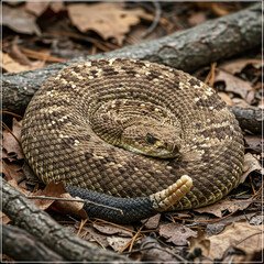 Fototapeta premium Detailed Rattlesnake Portrait: Coiled Predator in Forest Ready to Strike.
