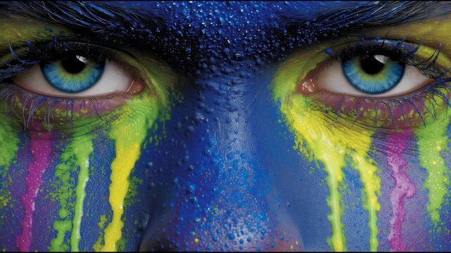 Vision concept human eyes with vibrant blue irises, surrounded by abstract multicolored face paint and dripping textures. Artistic concept expressing emotion, creativity, and visual impact.