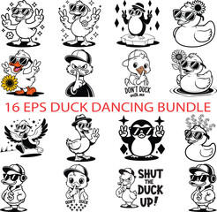 Obraz premium Duck Dancing Bundle, Duck with Sunglasses bundle, Cute, Funny Duck Clipart bundle, Duck Silhouette, Rubber Duck eps Rubber Duck eps, Bath Duck bundle, Rubber Vector, Rubber Duck Clipart, Duck Outline