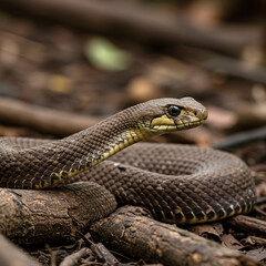 Fototapeta premium Taipan Masterpiece: Photorealistic Alert Snake in Natural Forest Setting, 8k.