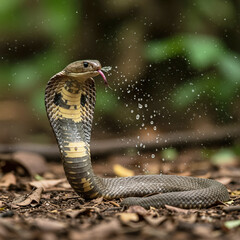 Fototapeta premium Striking Cobra Portrait: Venom in Mid-Air, Photorealistic Detail in Natural Light.
