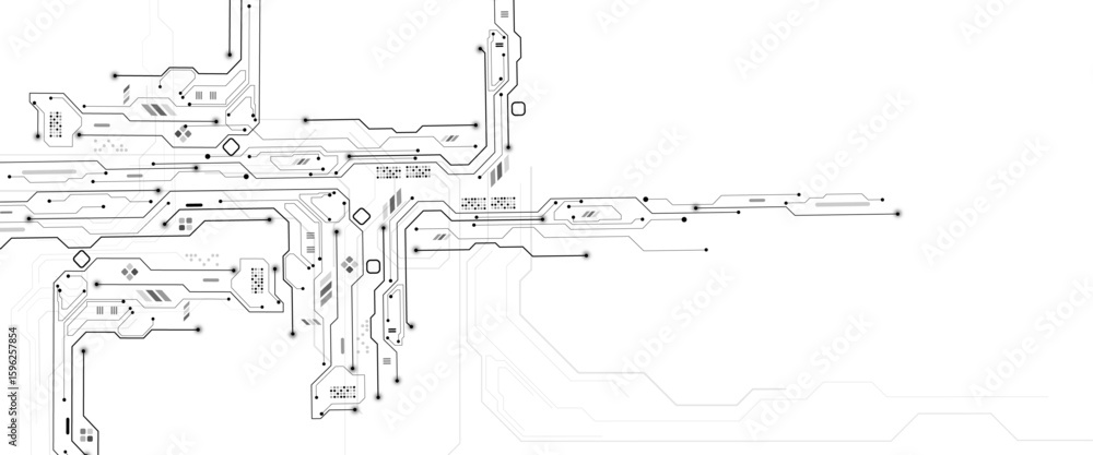 Poster vector technology connected white lines and dots with electronics elements on tech bg. digital techn
