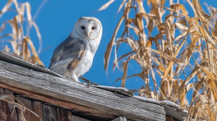 Barn owl perched atop weathered wooden roof; maize stalks & clear blue sky