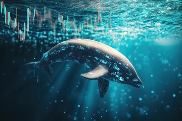 Dolphin swimming in digital ocean with data visualization and light reflections