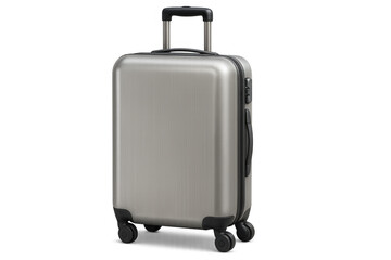 Sleek gray trolley suitcase resting against transparent backdrop, representing contemporary travel convenience and minimalist design