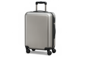 Sleek gray trolley suitcase resting against transparent backdrop, representing contemporary travel convenience and minimalist design