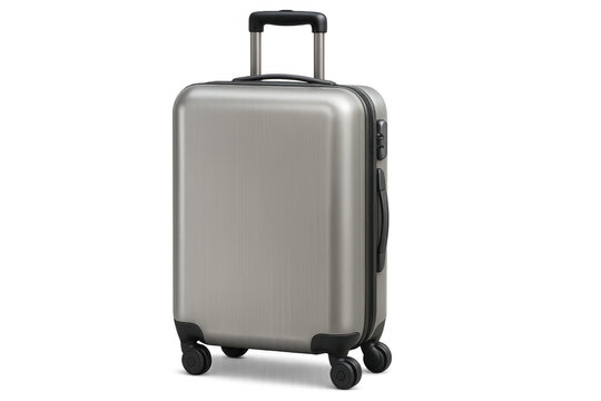 Sleek gray trolley suitcase resting against transparent backdrop, representing contemporary travel convenience and minimalist design