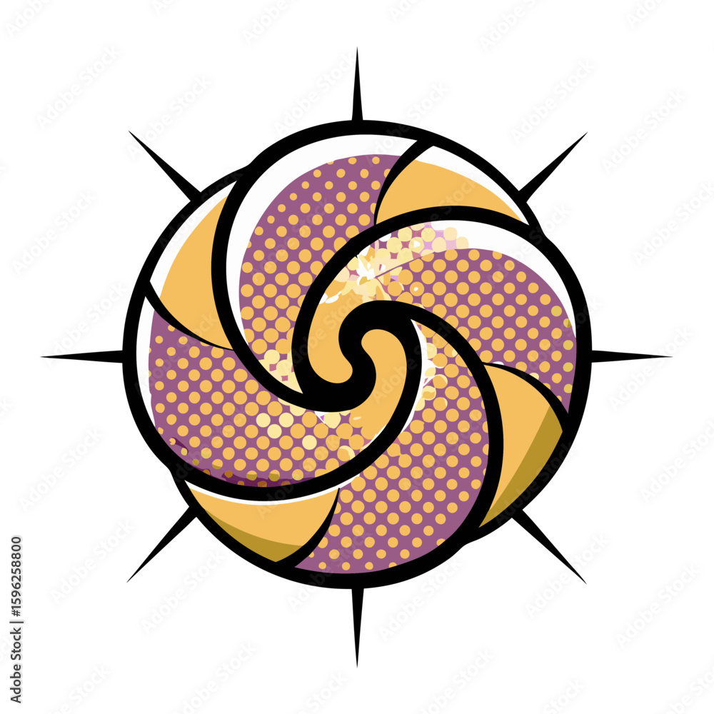 Poster swirl design in pop art style with purple and yellow colors, isolated vector image on transparent ba