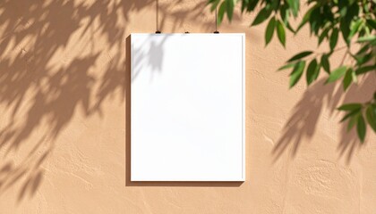 Blank white poster hanging on a beige wall, with leaf shadows cast upon it.