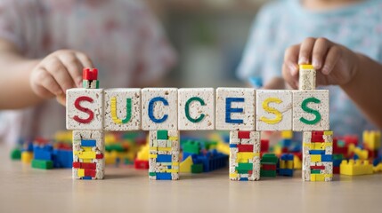 SUCCESS blocks arranged on vibrant play surface with children actively building