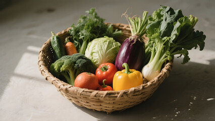 Fresh Vegetables in a Woven Basket on a Wooden Surface