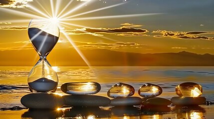 A glowing hourglass with golden sand flowing upwards, surrounded by symbolic objects representing healthy habits against a dawn gradient.