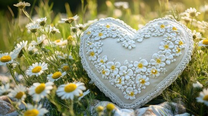 Heart-shaped cushion adorned with white flowers in a meadow