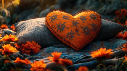 Heart-shaped cushion, surrounded by flowers, soft lighting