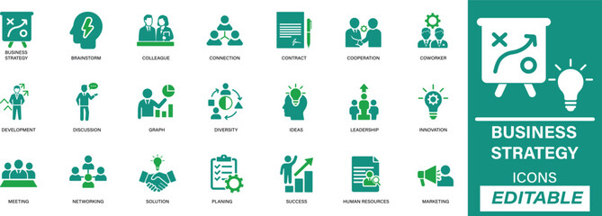 Flat icon set featuring business strategy concepts including planning, growth, leadership, performance, and innovation. Ideal for consultants, entrepreneurs, presentations, and corporate use