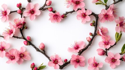 Heart-shaped floral frame of delicate pink blossoms