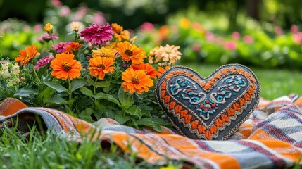 Heart-shaped embroidered decorative item amongst vibrant flowers and a plaid blanket