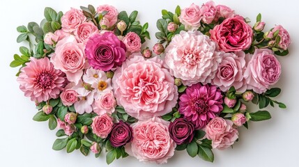 Heart-shaped floral arrangement of various roses, dahlias, and greenery