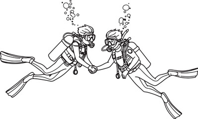 Fototapeta premium Two scuba divers shaking hands underwater depicting partnership and agreement