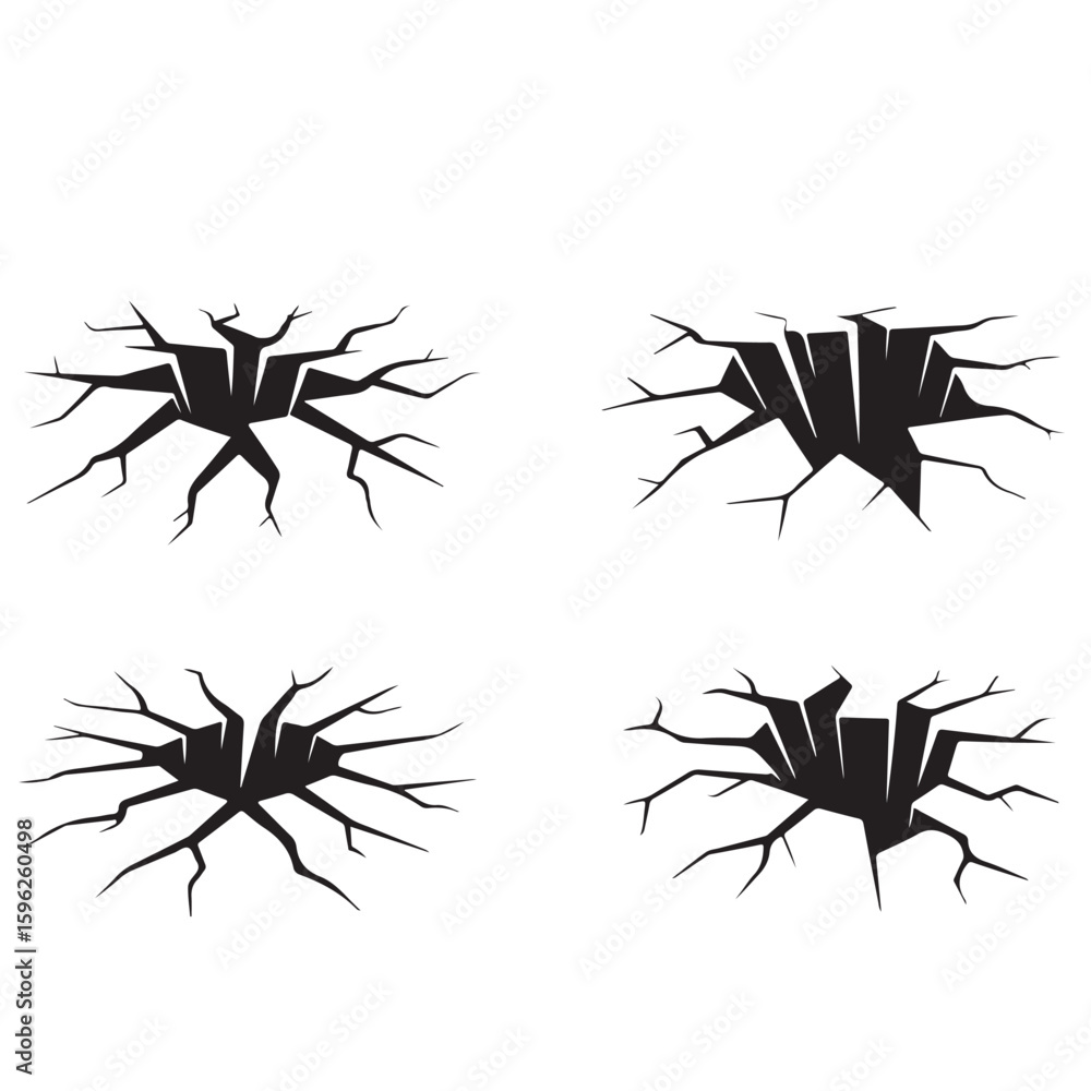 Poster four black cracks in the ground with jagged edges on a white background in a square pattern design