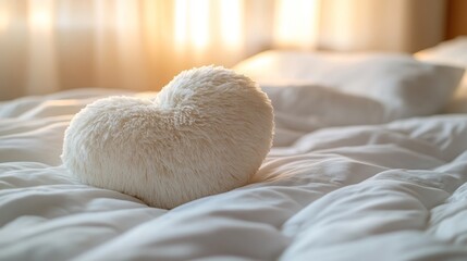 Heart-shaped fluffy pillow on a bed