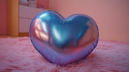 Heart-shaped iridescent pillow on pink rug