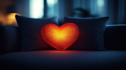 Heart-shaped glowing pillow on a couch at night