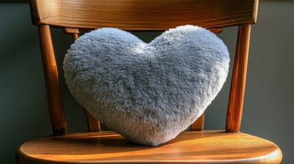 Heart-shaped fluffy pillow on a chair