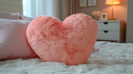 Heart-shaped fluffy pink pillow on a bed