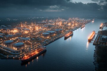 Obraz premium Gas export terminal: a dynamic hub of global energy activity. Global energy shift. Navigating global energy markets: russia's new focus on china. Strategic gas moves. Global energy grid.