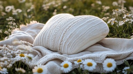Heart-shaped knitted throw pillow on a blanket in a meadow