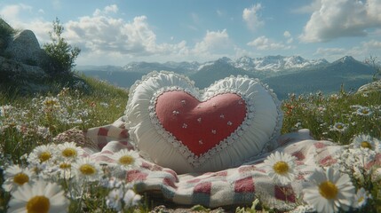 Heart-shaped pillow amidst alpine wildflowers