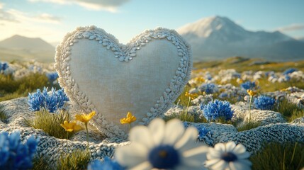 Heart-shaped pillow in a meadow of wildflowers