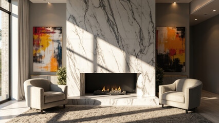 Luxury living room interior with marble fireplace abstract art paintings two armchairs and a rug with sunlight shadows