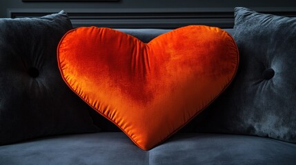 Heart-shaped orange velvet pillow on a grey couch