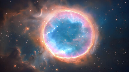 Fototapeta premium Colorful planetary nebula glowing in outer space with a radiant circular shape surrounded by stars and cosmic clouds